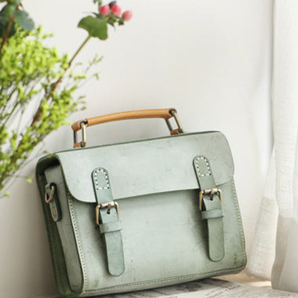 Womens Green Leather Small Satchel Shoulder Bag Waxed Leather Cambridge Small Satchel Handbag Purse for Women
