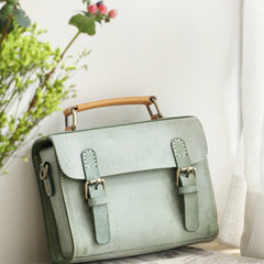 Womens Green Leather Small Satchel Shoulder Bag Waxed Leather Cambridge Small Satchel Handbag Purse for Women