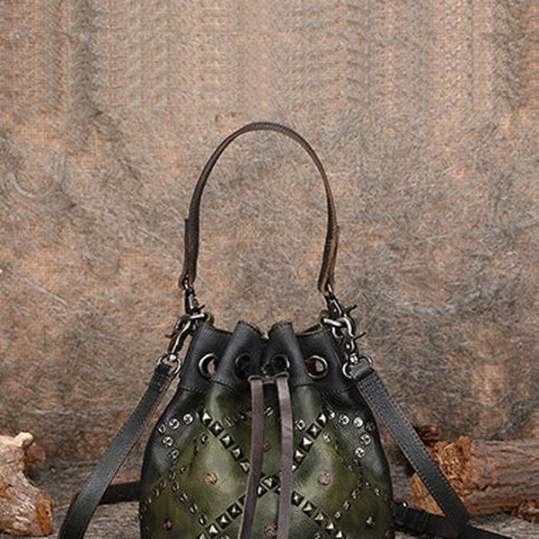 Womens Green Leather Barrel Handbag Purse Vintage Rivet Round Shoulder Bag Bucket Crossbody Handbag for Women