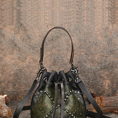 Womens Green Leather Barrel Handbag Purse Vintage Rivet Round Shoulder Bag Bucket Crossbody Handbag for Women