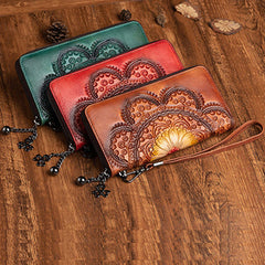 Womens Floral Leather Wristlet Wallet Flower Zip Around Wallets Floral Ladies Zipper Clutch Wallets for Women