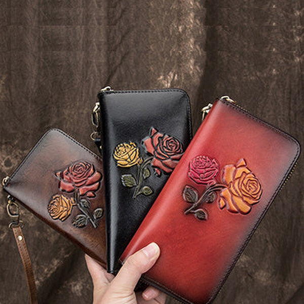 Womens Rose Flowers Leather Wristlet Wallets Zip Around Wallet Flowers Ladies Zipper Clutch Wallet for Women
