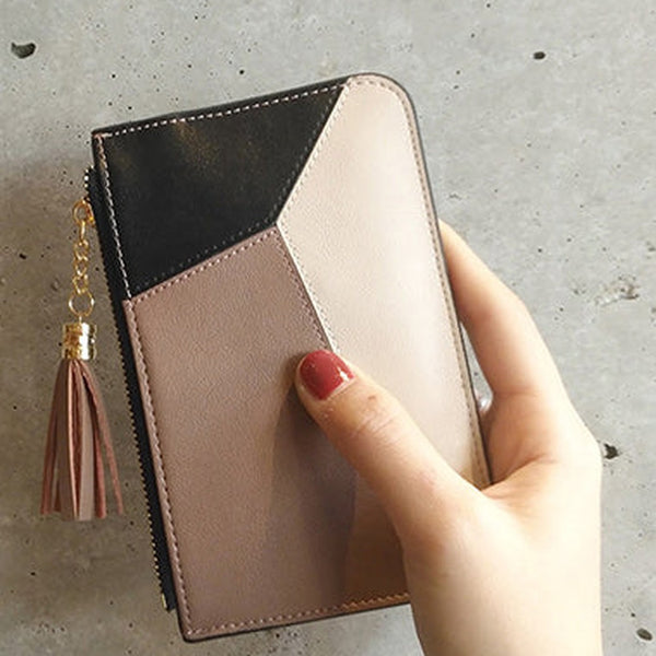 Cute Womens Patchwork Light Coffee Leather Card Wallets with Keychain Zip Card Holder Wallet for Women