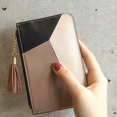 Cute Womens Patchwork Light Coffee Leather Card Wallets with Keychain Zip Card Holder Wallet for Women