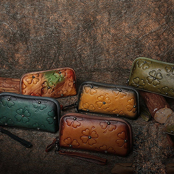 Handmade Clover Leather Wristlet Wallets Womens Zip Around Wallet Ladies Cute Clutch Wallet for Women