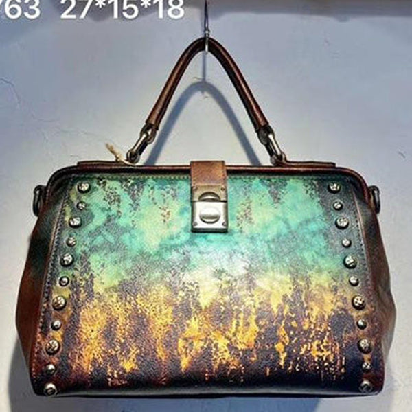 Vintage Womens Green Leather Doctor Handbag Purses With Rivet Doctor Shoulder Bag for Women