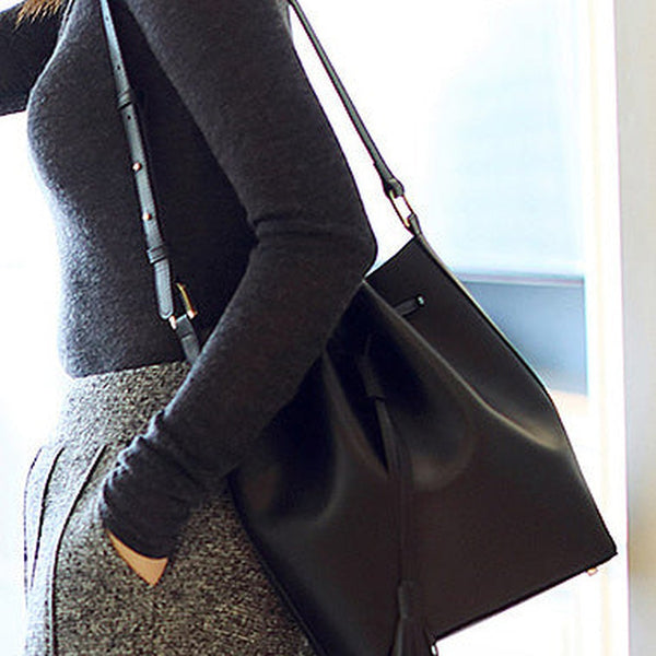 Genuine Black Leather bucket bag shoulder bag for women leather Barrel crossbody bag