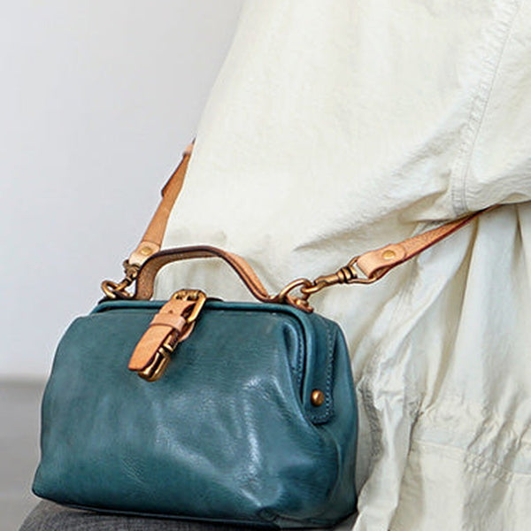 Vintage Womens Blue Leather Doctor Handbag Side Purses Doctor Purses for Women