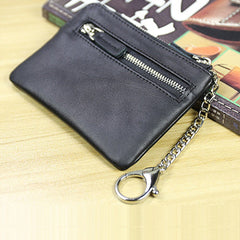 Cute Women Black Leather Mini Zip Billfold Wallet with Keychain Navy Coin Wallet Small Zip Change Wallet For Women