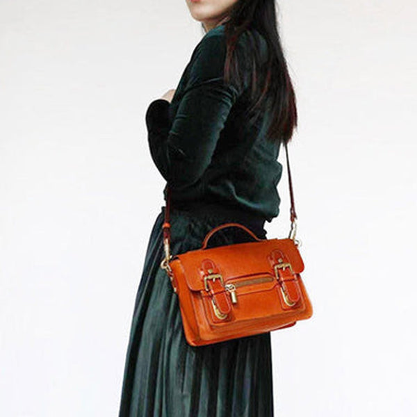 Womens Brown Small Leather Satchel Crossbody Bag Vintage School Handbag Shoulder Bag for Ladies