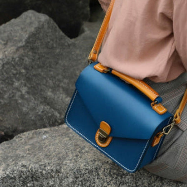 Handmade Womens Navy Leather Cube Satchel Purse Womens School Shoulder Bag for Ladies