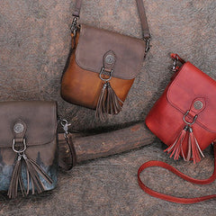 Vintage Small Leather Womens Vertical Shoulder Bag With Tassels Handmade Crossbody Purse for Ladies