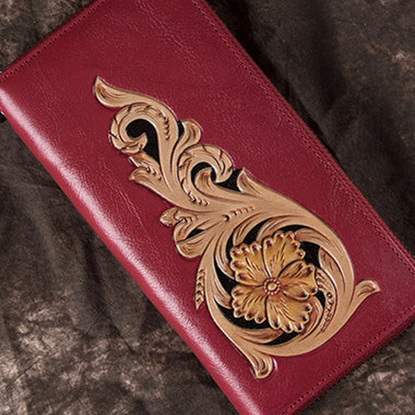 Handmade Floral Red Leather Wristlet Wallet Womens Zip Around Wallets Flowers Ladies Zipper Clutch Wallet for Women