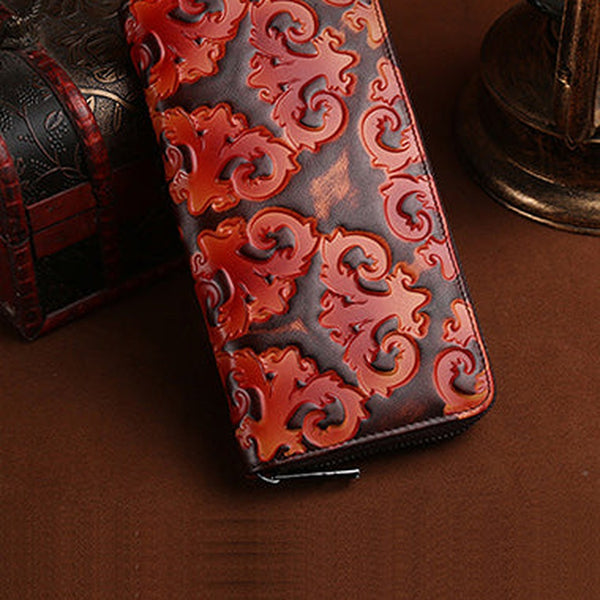 Vintage Womens Floral Red Leather Zip Around Wallet Floral Ladies Zipper Clutch Wallet for Women
