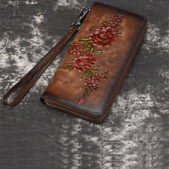 Womens Flowers Brown Leather Zip Around Wallet Wristlet Wallet Floral Ladies Zipper Clutch Wallet for Women