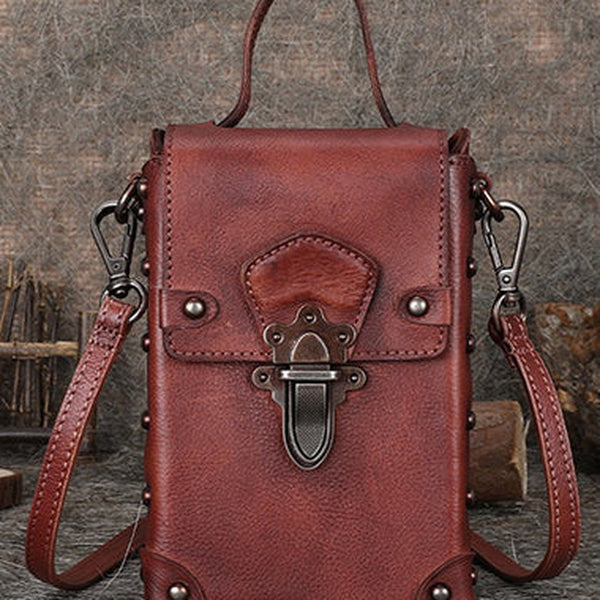 Red Brown Leather Womens Small Box Shoulder Bag Cube Small Handmade Handbag Purse for Ladies
