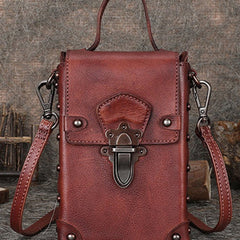 Red Brown Leather Womens Small Box Shoulder Bag Cube Small Handmade Handbag Purse for Ladies
