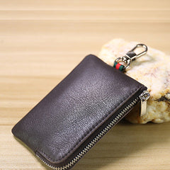 Slim Women Coffee Leather Zip Wallet with Keychains Minimalist Coin Wallet Small Zip Change Wallet For Women