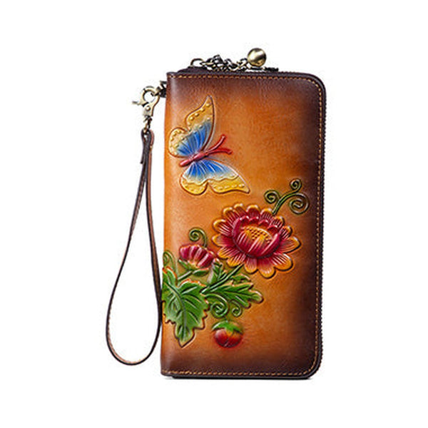 Womens Butterfly&Mums Flower Tan Leather Wristlet Wallets Zip Around Wallet Flower Ladies Zipper Clutch Wallet for Women