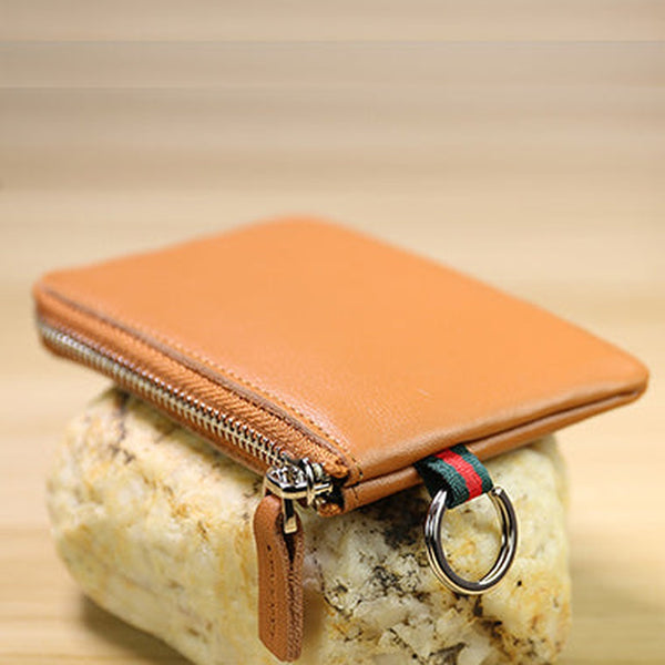 Slim Women Tan Leather Mini Zip Wallet with Keychain Billfold Minimalist Coin Wallet Small Zip Change Wallet For Women