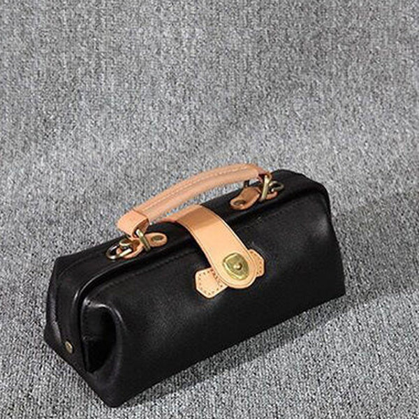 Womens Black Leather Mini Doctor Handbag Purses Classic Black Doctor Crossbody Purses for Women