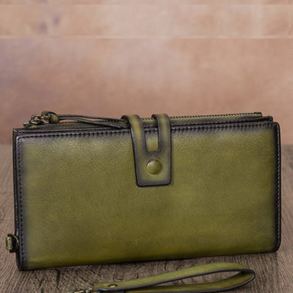 Vintage Green Leather Wristlet Wallet Womens Wallet Bifold Long Clutch Wallet for Women