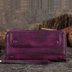 Vintage Purple Leather Wristlet Wallets Womens Zip Around Wallet Ladies Bifold Clutch Wallet for Women