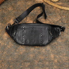 Vintage Women Black Gray Leather Rivet Waist Bag Fanny Pack Handmade Shoulder Rivet Hip Packs for Women