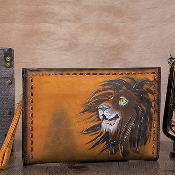 Vintage Handmade Tan Leather Wristlet Wallet Womens Lion Large Zip Purse Zipper Clutch Bag for Women