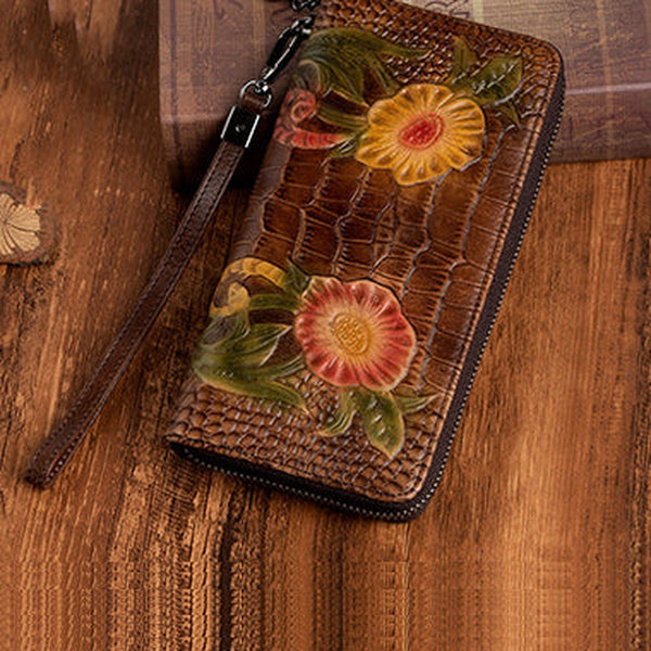 Handmade Floral Coffee Leather Wristlet Wallet Crocodile Pattern Womens Zip Around Wallets Flowers Ladies Zipper Clutch Wallet for Women