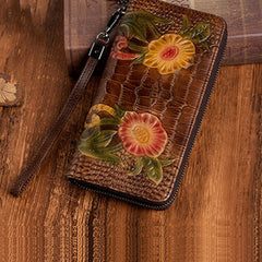 Handmade Floral Coffee Leather Wristlet Wallet Crocodile Pattern Womens Zip Around Wallets Flowers Ladies Zipper Clutch Wallet for Women