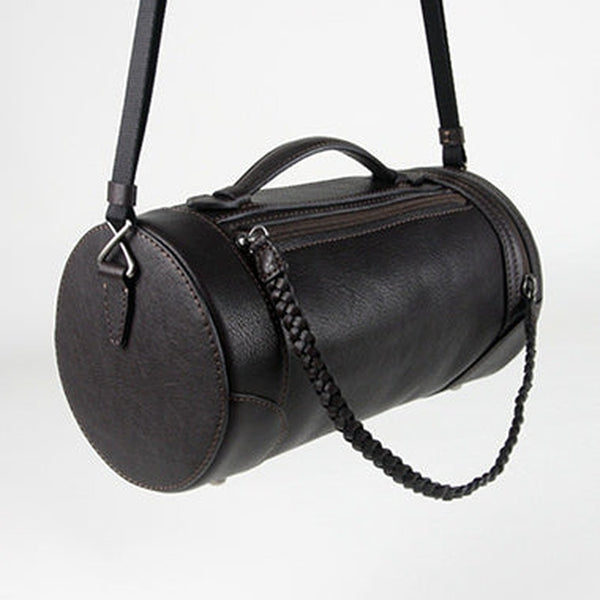 Cute Womens Black Coffee Leather Bucket Shoulder Purse Barrel Crossbody Bag Purse for Ladies