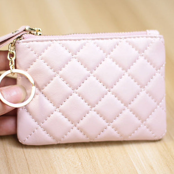 Mini Women Pink Leather Zip Coin Wallet with Keychains Keys Wallet Small Zip Change Wallet For Women