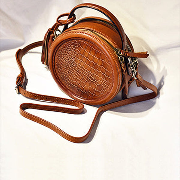Womens Brown Leather Round Crossbody Bag Crocodile Pattern Vintage Round Handbag Shoulder Bag for Women
