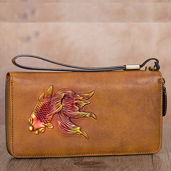 Goldfish Tan Leather Wristlet Wallets Womens Zip Around Wallet Ladies Zipper Clutch Wallets for Women