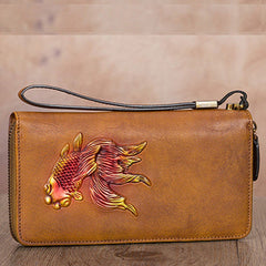 Goldfish Tan Leather Wristlet Wallets Womens Zip Around Wallet Ladies Zipper Clutch Wallets for Women