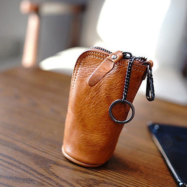 Vintage Women Tan Leather Zip Key Wallet Car Key Holder Coin Wallet Coin Pouch Change Wallet For Women