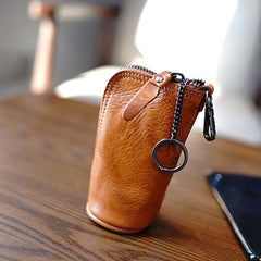 Vintage Women Tan Leather Zip Key Wallet Car Key Holder Coin Wallet Coin Pouch Change Wallet For Women
