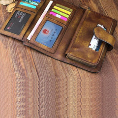 Cool Leather Brown Mens Long Wallet Gray Buckled Long Wallet Trifold Clutch Wallet for Men