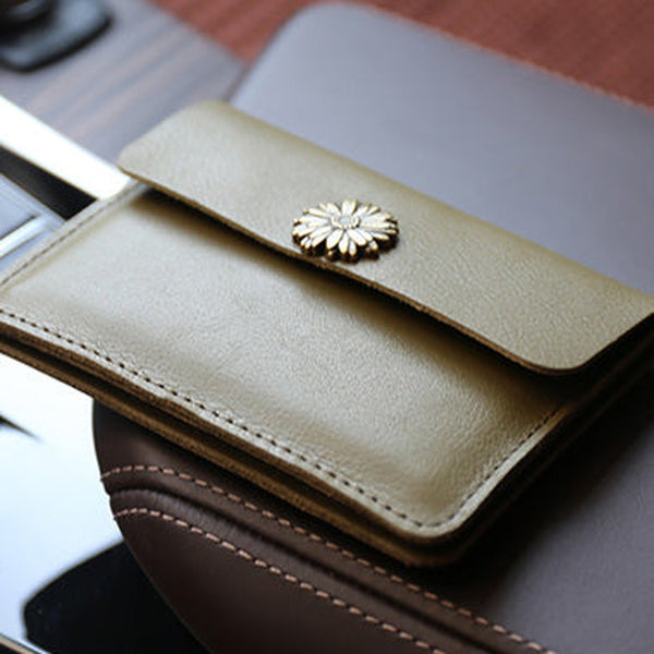 Cute Women Green Leather Mini Card Wallet Sunflower Coin Wallets Slim Change Wallets For Women