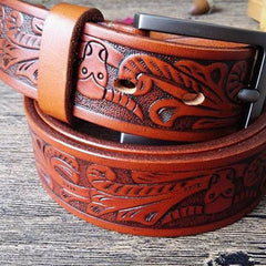 Handmade Genuine Leather Tooled Floral Mens Leather Men Belt for Men Cool Leather Belt