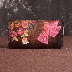Womens Hummingbird Coffee Leather Wristlet Wallet Floral Ladies Zipper Clutch Wallet Zip Around Wallet for Women