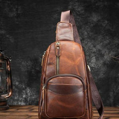 Cool Brown Leather Men's Sling Bag Chest Bag Vintage One Shoulder Backpack For Men