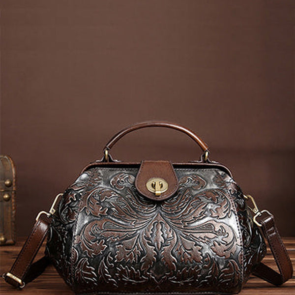 Small Womens Coffee Floral Leather Doctor Handbag Purses Vintage Coffee Doctor Side Purse for Women