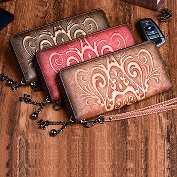 Handmade Womens Floral Leather Zip Around Wallet Wristlet Wallet Floral Ladies Zipper Clutch Wallet for Women