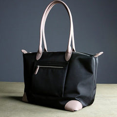 Womens Black Nylon Shoulder Tote Medium Light Pink&Black Nylon Handbag Purse for Ladies