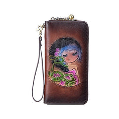 Womens Coffee Leather Zip Around Wallets Singing Girl Wristlet Wallets Flower Ladies Zipper Clutch Wallet for Women