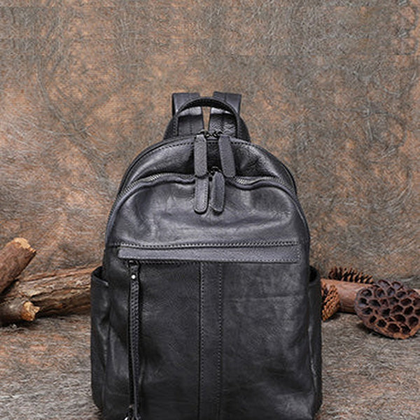Handmade Black Gray Leather Backpack Womens Best School Rucksack Ladies Leather Backpack Purses