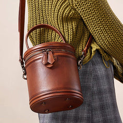 Brown Leather Womens Bucket Handbag Barrel Shoulder Bag Crossbody Purse for Ladies