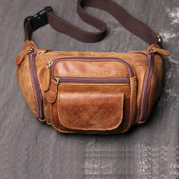 Vintage Brown LEATHER MENS Barrel FANNY PACK FOR MEN BUMBAG Vintage WAIST BAG for Men